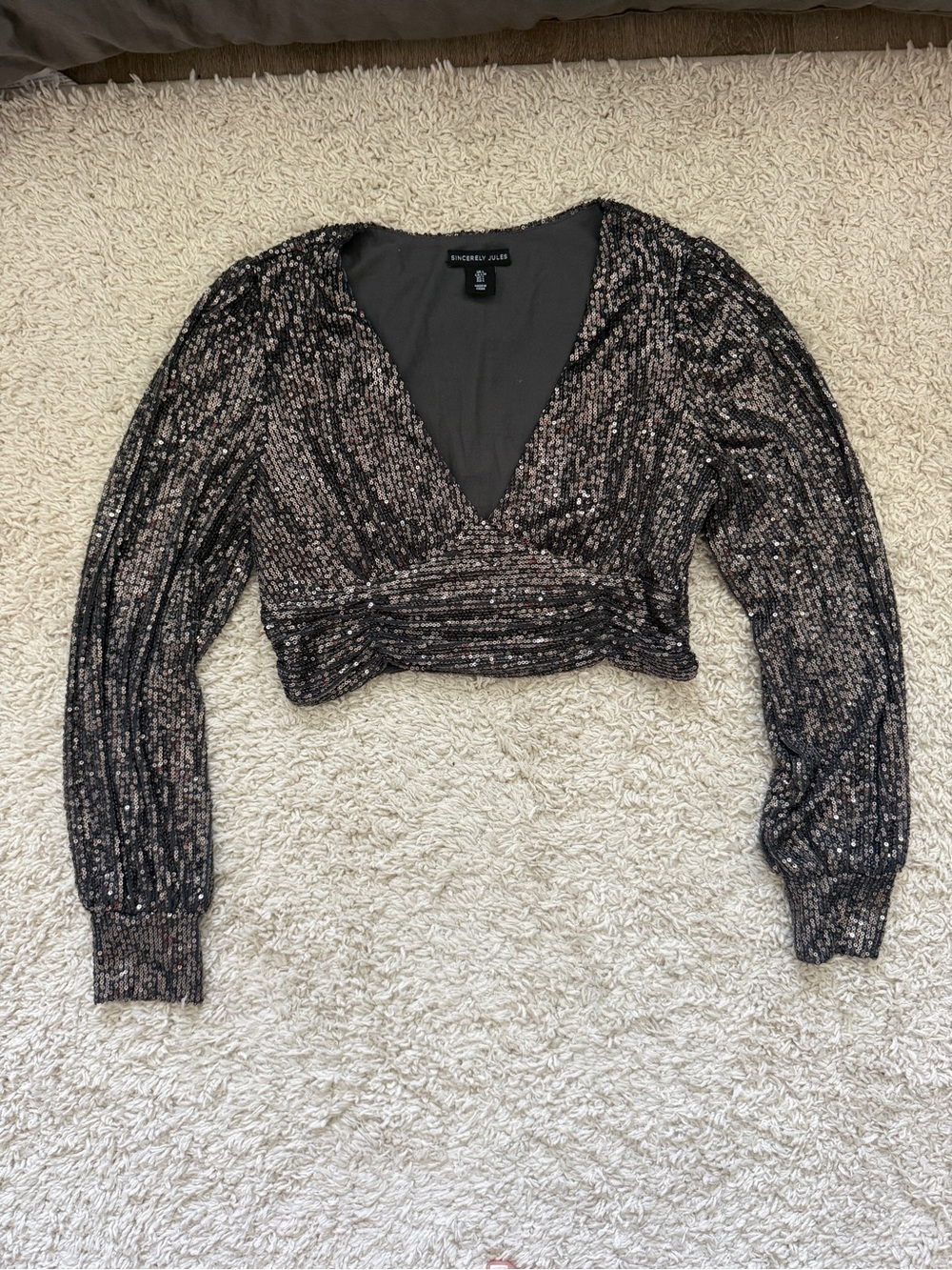 Sincerely Jules Black Sequin V-Neck Long Sleeve Crop Top